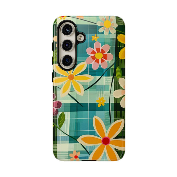 Kleurrijk Retro Bloemenpatroon op Blauwe Achtergrond