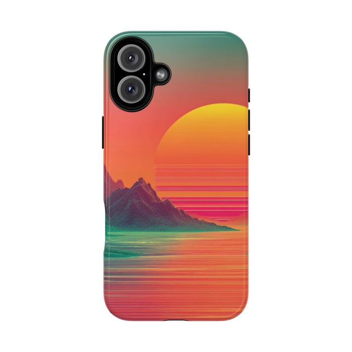 Neon Zonsondergang met Bergen en Zee