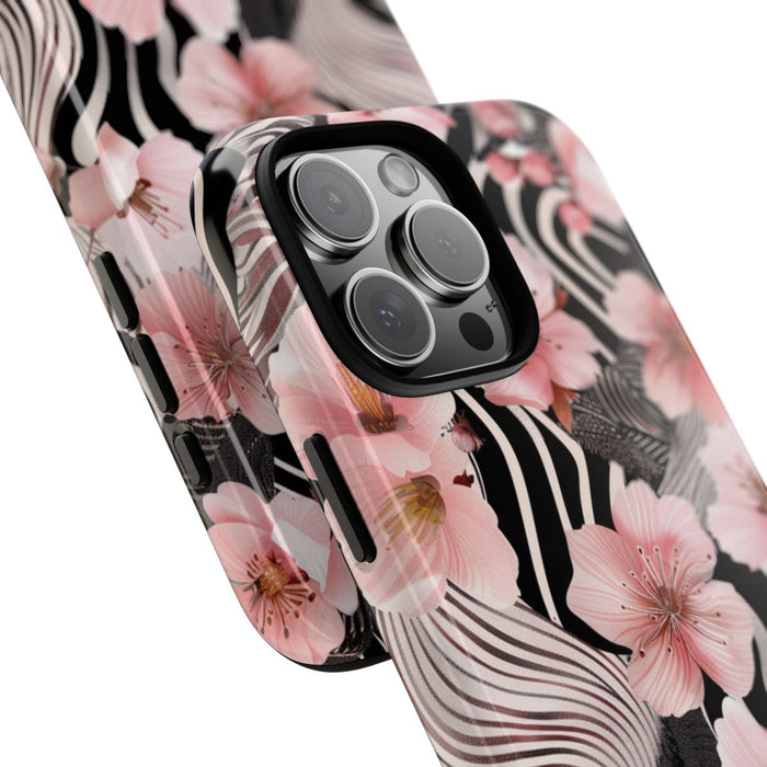 Roze Kersenbloesems met Zwart-Wit Abstract Patroon