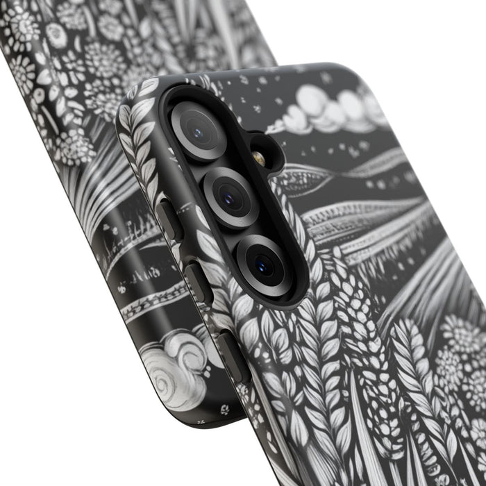Zwart-Wit Folklore Landschap met Tarwe en Bloemen
