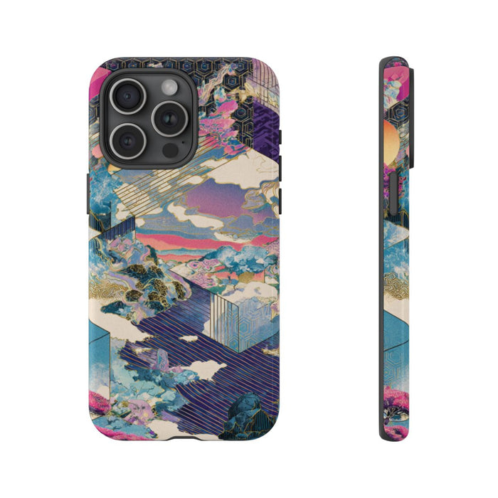 Abstracte Geometrische Landschap met Roze Bomen