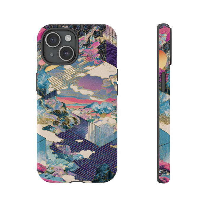 Abstracte Geometrische Landschap met Roze Bomen