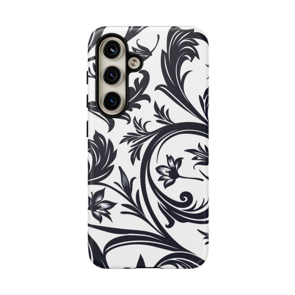 Zwart-Wit Bloemmotief met Sierlijke Krullen