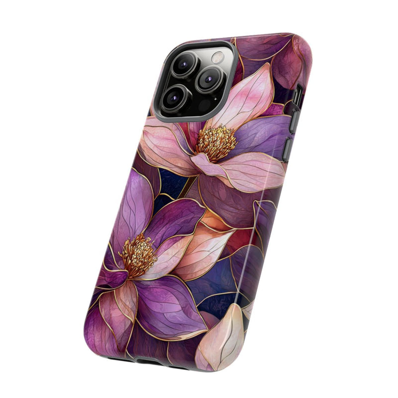 Paarse Magnolia Bloemen in Glas-in-lood