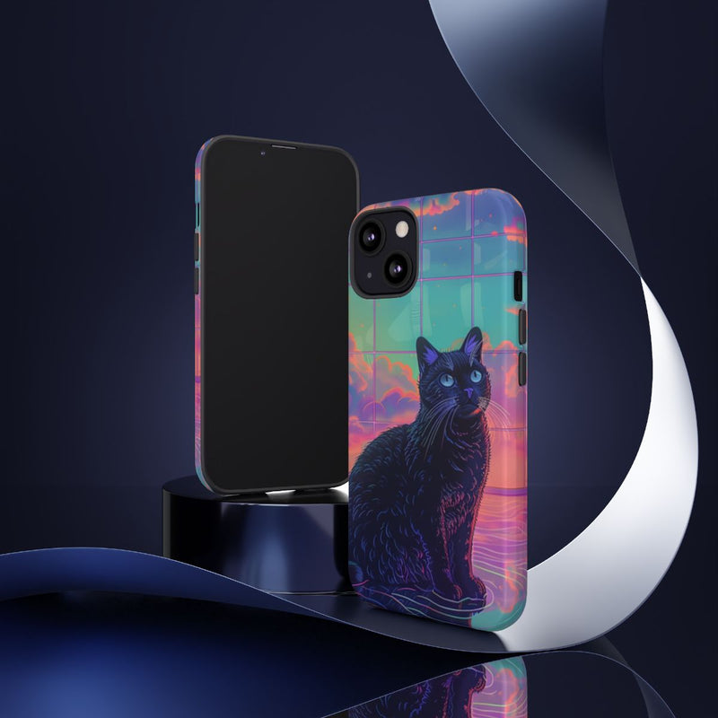Zwarte Kat met Neonlucht Reflectie