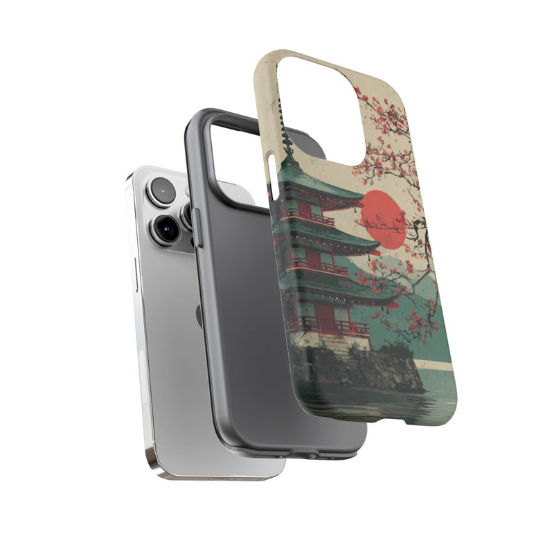 Pagode met Kersenbloesems en Rode Zon