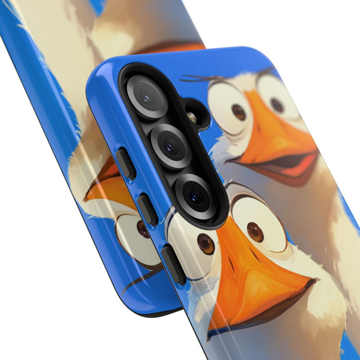 Twee Grappige Ganzen met Grote Ogen op Blauwe Achtergrond