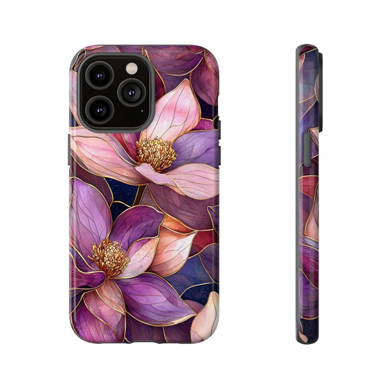 Paarse Magnolia Bloemen in Glas-in-lood