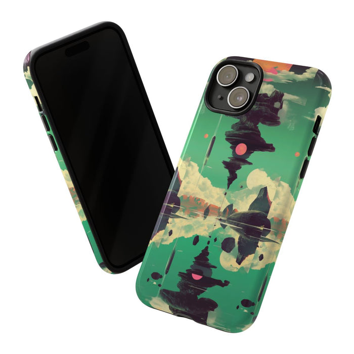 Surrealistisch Zwevende Rotsformatie met Roze Zonnen