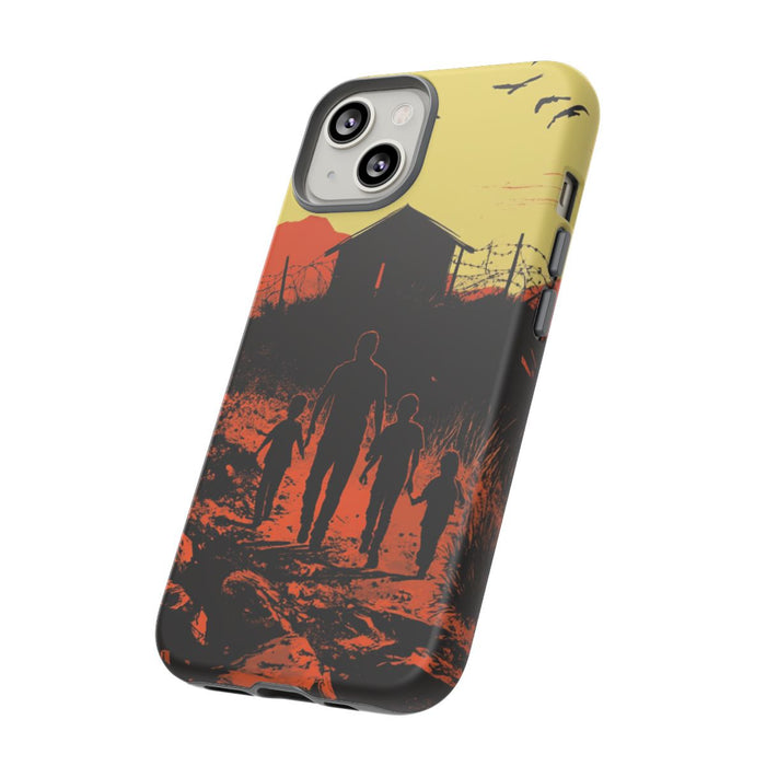 Gezin op Weg naar Prikkeldraadomheining