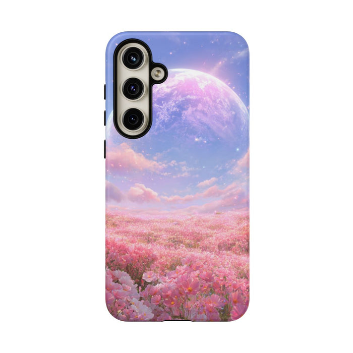 Roze Bloemenveld met Gloeiende Planeet