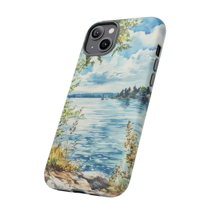 Aquarel Landschap met Meer, Bomen en Zeilboten