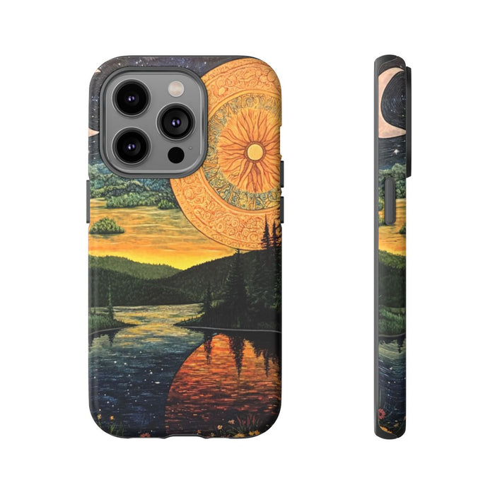 Zon en Maan Landschap met Bloemrijke Rivier
