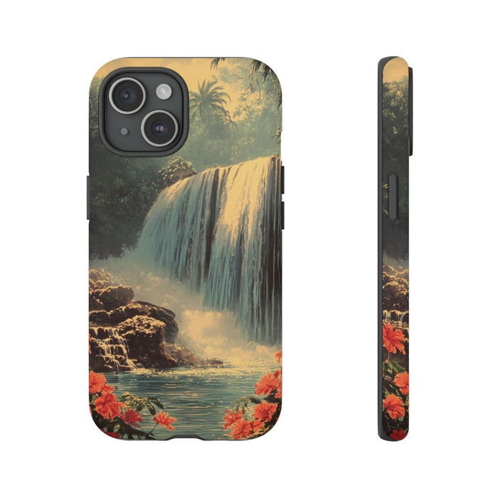 Tropische Waterval met Rode Bloemen