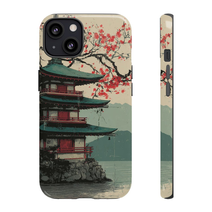 Pagode met Kersenbloesem en Rode Zon