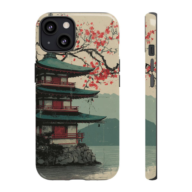 Pagode met Kersenbloesem en Rode Zon