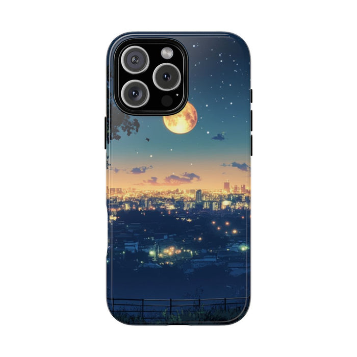 Stad bij Nacht met Sterrenhemel en Volle Maan