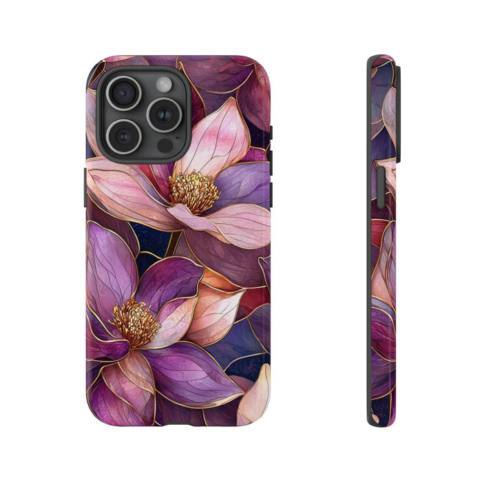 Paarse Magnolia Bloemen in Glas-in-lood
