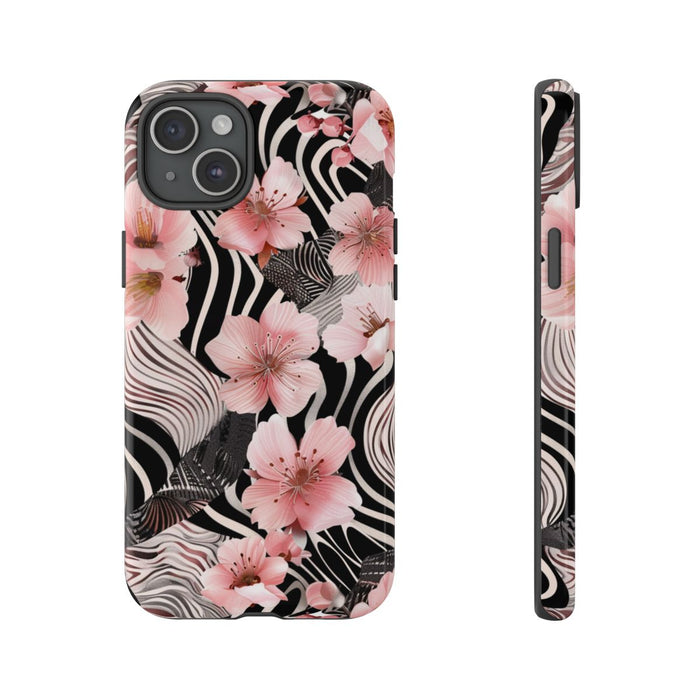 Roze Kersenbloesems met Zwart-Wit Abstract Patroon
