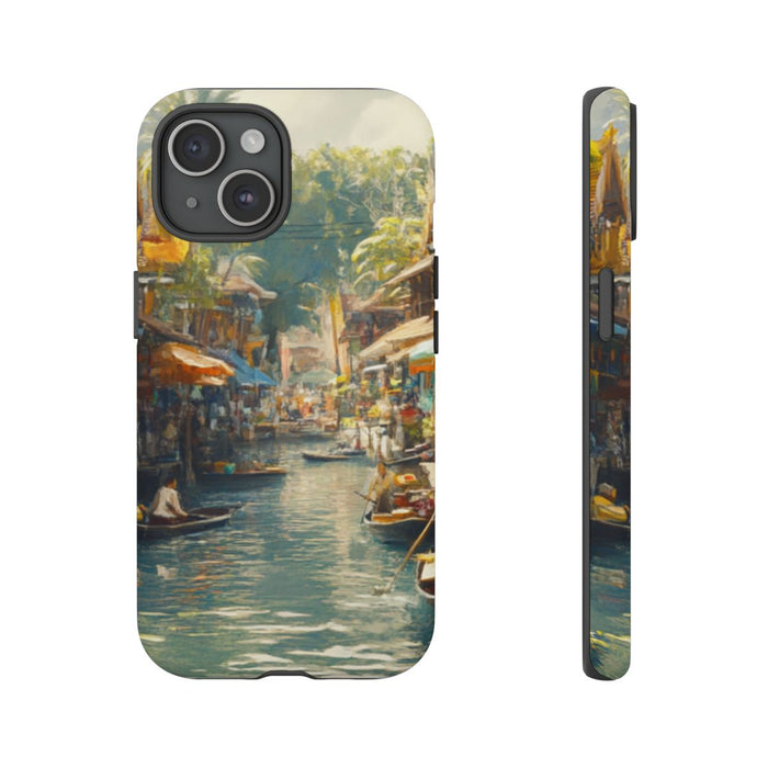 Levendige Watermarkt met Boten en Kraampjes