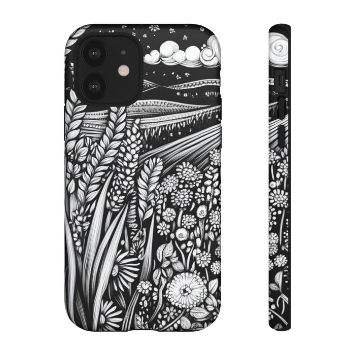 Zwart-Wit Folk Stijl Tarwe en Bloemenlandschap