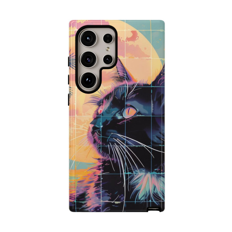 Lofi Vaporwave Kat met Zonsondergang en Palmen