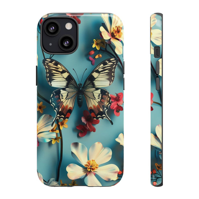 Vlinder en Bloemenpatroon op Blauw