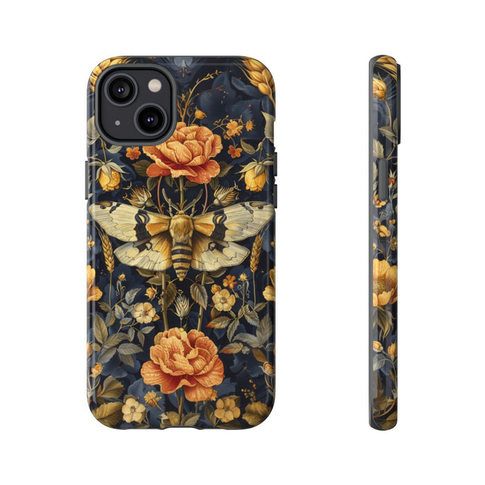 Gouden Bloemen en Mottenpatroon op Donkerblauw