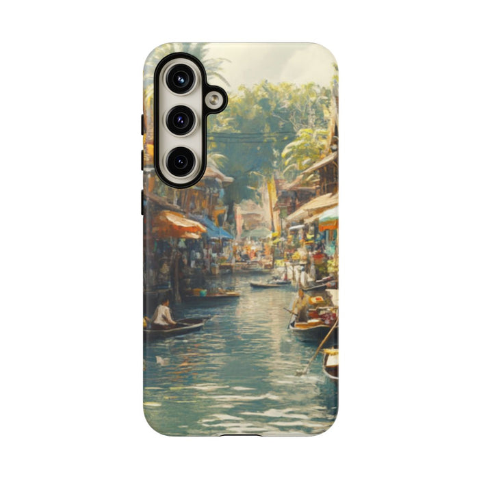 Levendige Watermarkt met Boten en Kraampjes