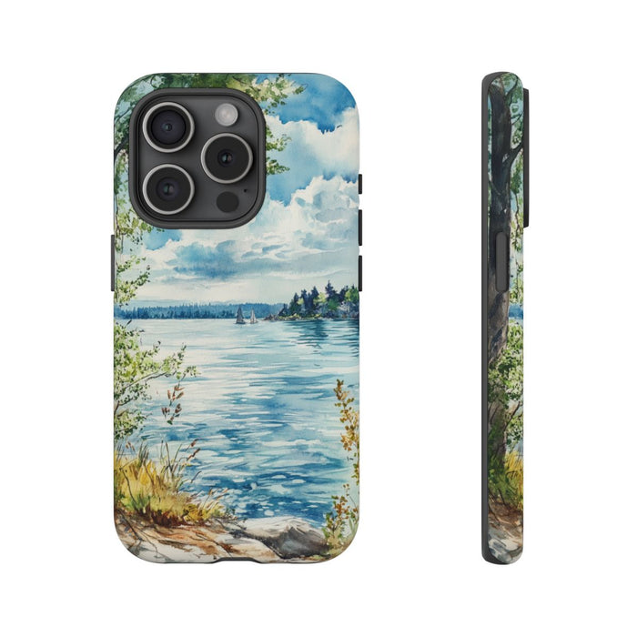 Aquarel Landschap met Meer, Bomen en Zeilboten