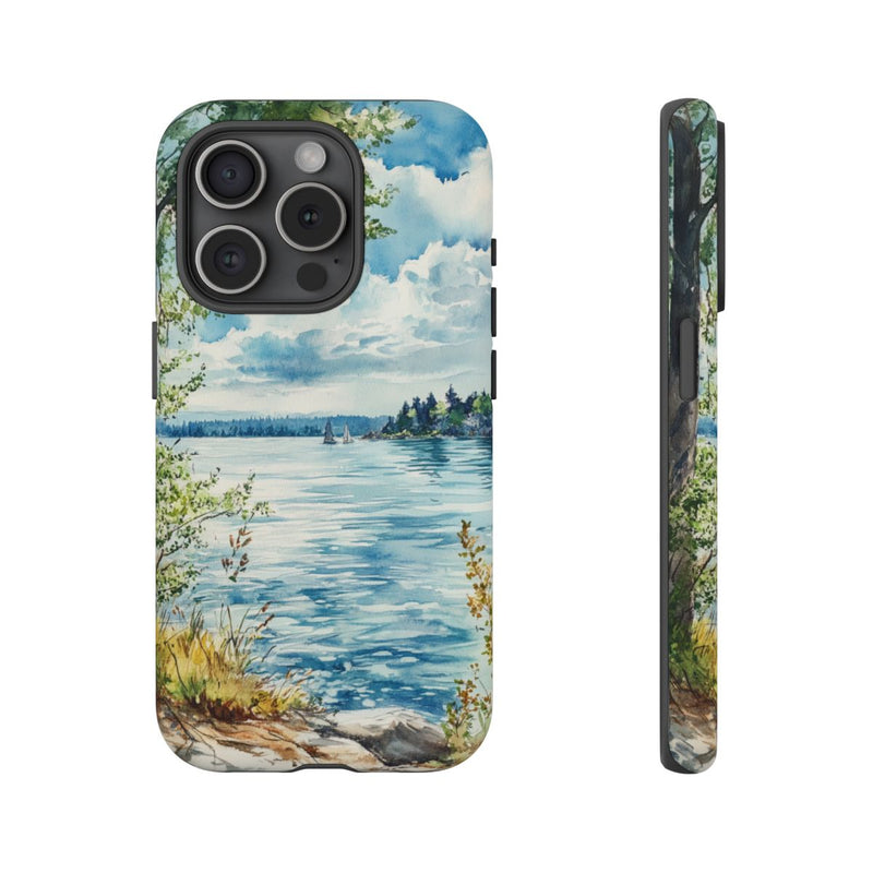Aquarel Landschap met Meer, Bomen en Zeilboten