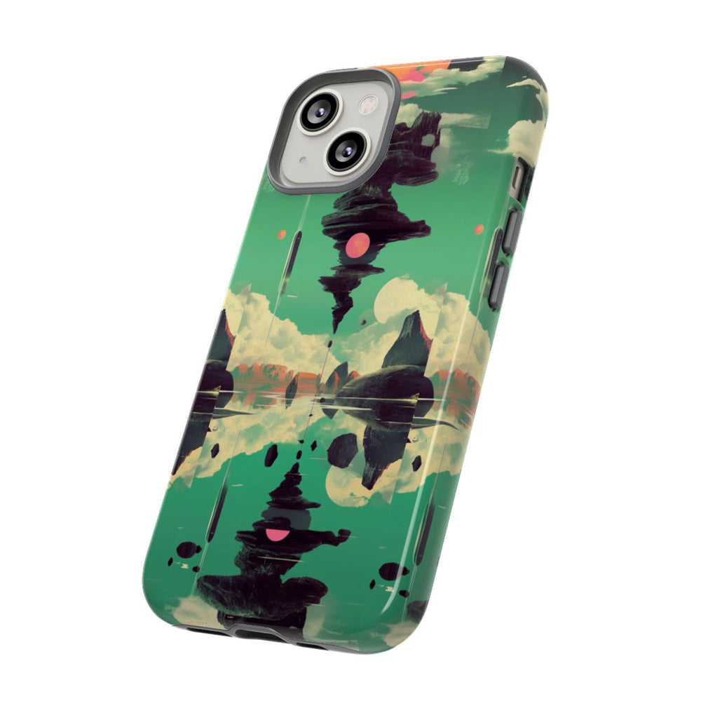 Surrealistisch Zwevende Rotsformatie met Roze Zonnen