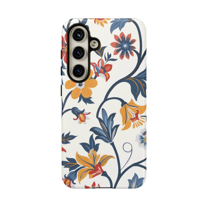 Retro Bloemenpatroon in Blauw, Rood en Geel