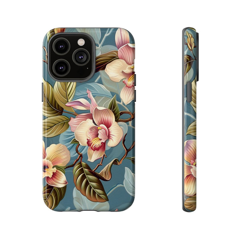 Orchideeën Bloemenpatroon op Blauwe Achtergrond