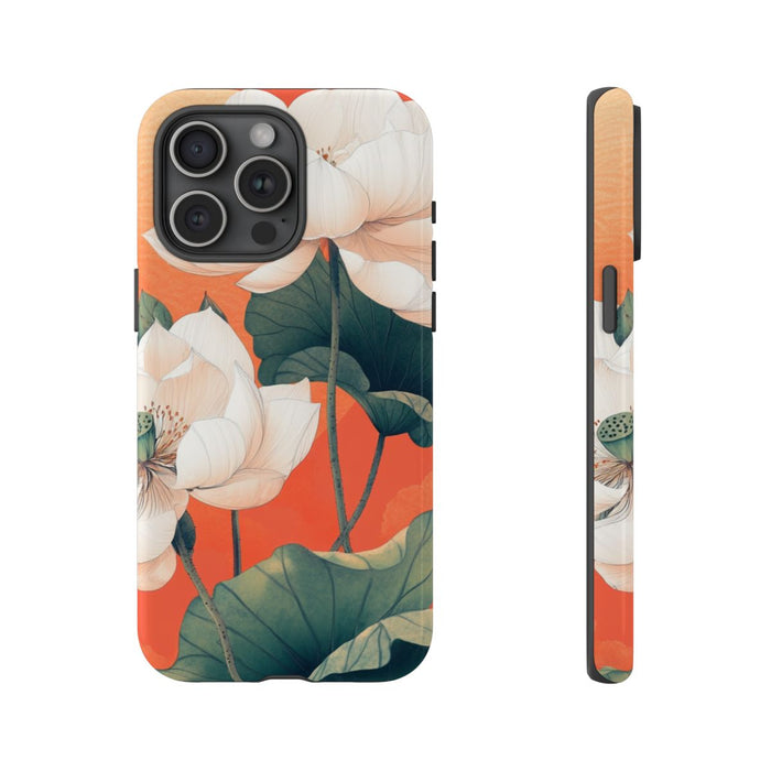 Witte Lotus Bloemen met Groene Bladeren op Oranje Achtergrond