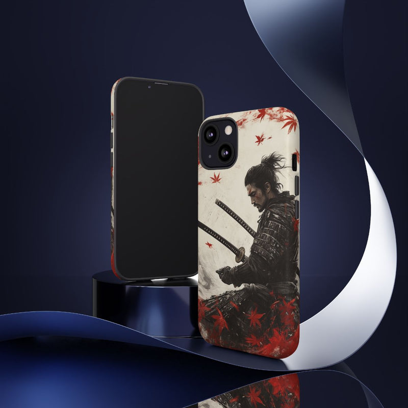 Samurai met Twee Katana's en Rode Esdoornbladeren