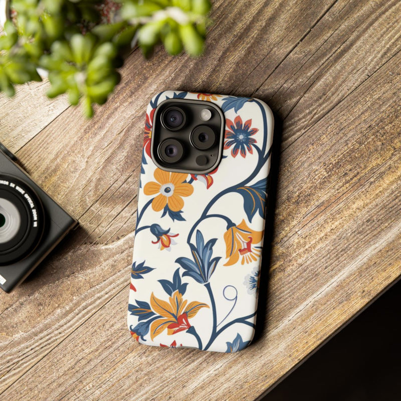 Retro Bloemenpatroon in Blauw, Rood en Geel