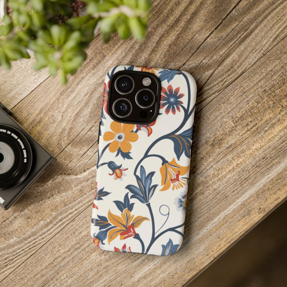 Retro Bloemenpatroon in Blauw, Rood en Geel