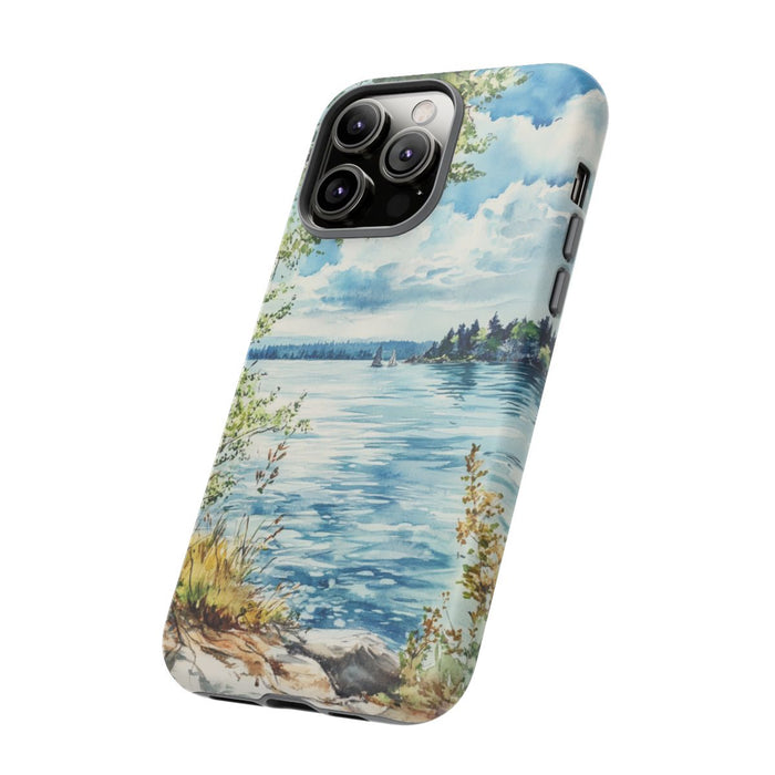 Aquarel Landschap met Meer, Bomen en Zeilboten