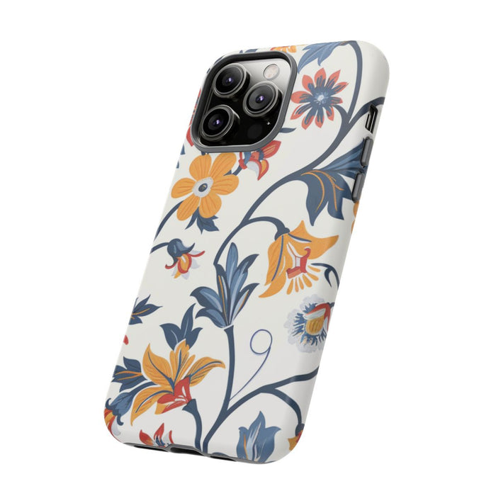 Retro Bloemenpatroon in Blauw, Rood en Geel