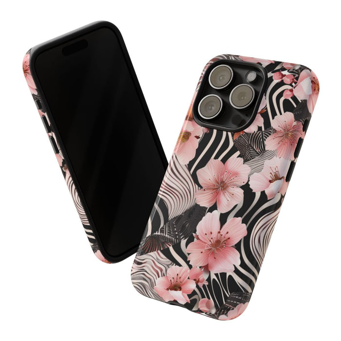 Roze Kersenbloesems met Zwart-Wit Abstract Patroon