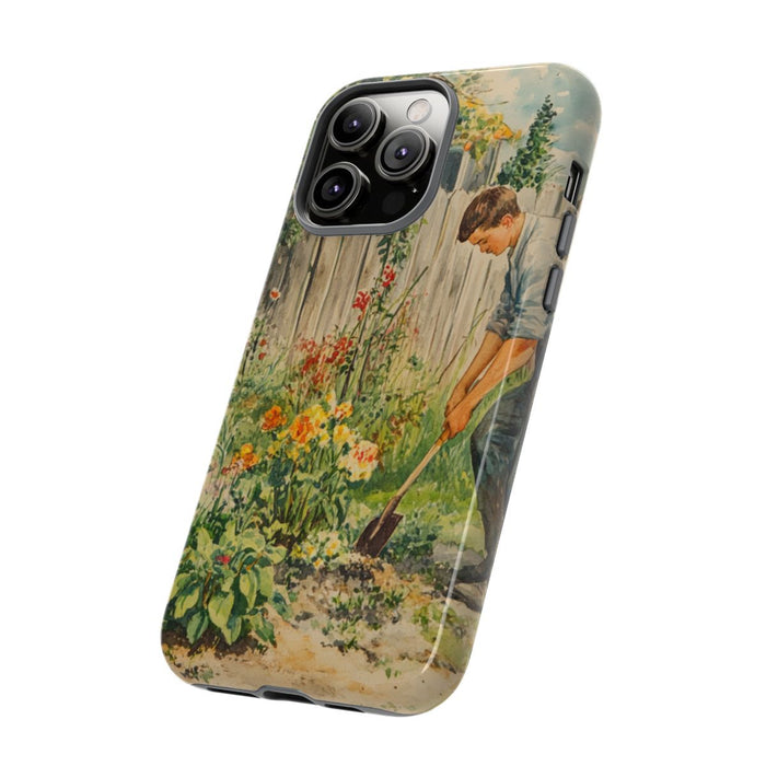 Jonge Man aan het Tuinieren tussen Bloemen