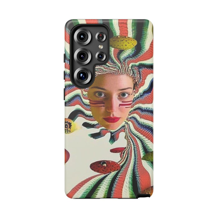 Surrealistisch Vrouwenportret met Kleurrijke Strepen en Zwevende Bollen