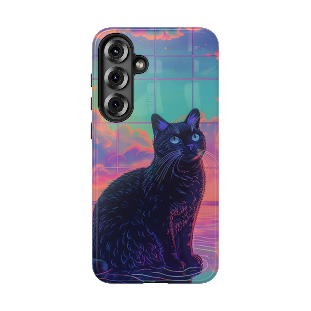 Zwarte Kat met Neonlucht Reflectie