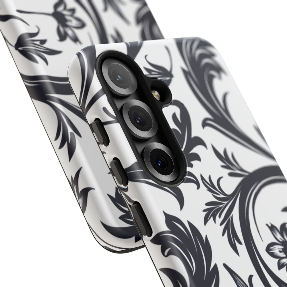 Zwart-Wit Bloemmotief met Sierlijke Krullen