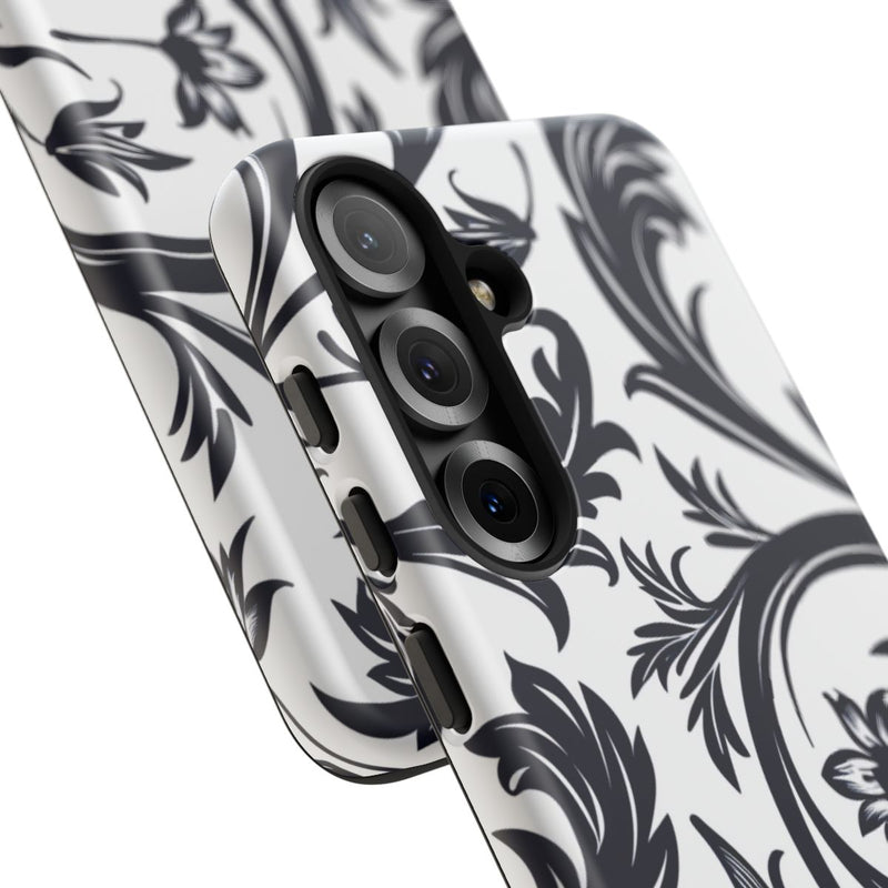 Zwart-Wit Bloemmotief met Sierlijke Krullen