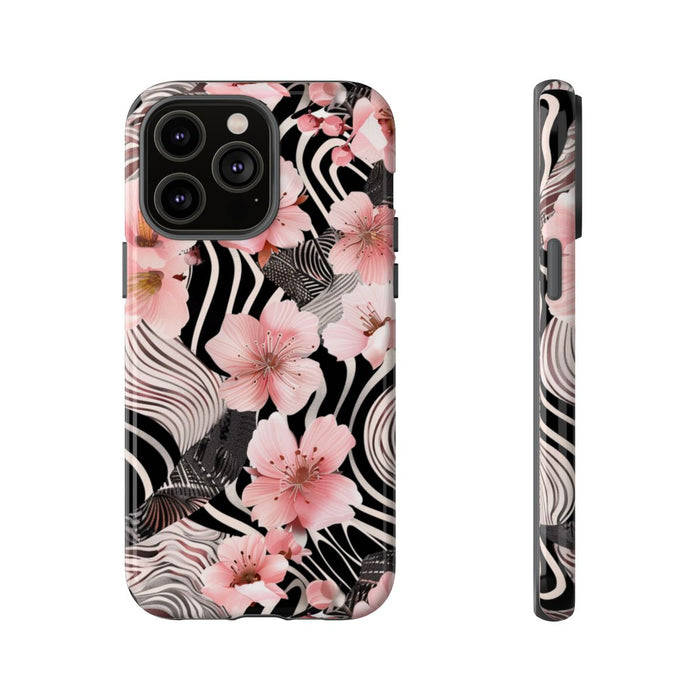 Roze Kersenbloesems met Zwart-Wit Abstract Patroon