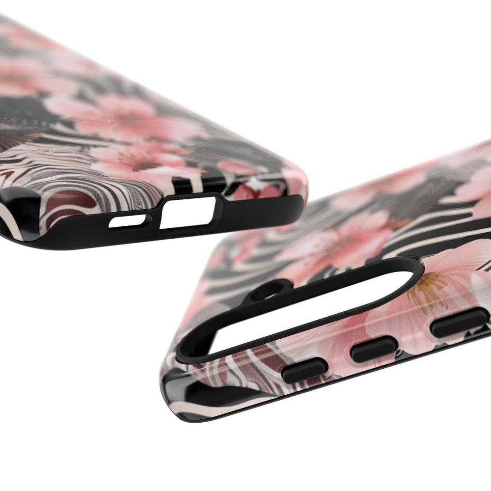 Roze Kersenbloesems met Zwart-Wit Abstract Patroon