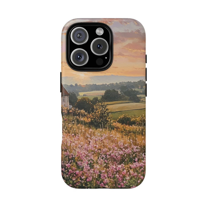 Landelijk Ochtendlandschap met Witte Cottage en Bloemen