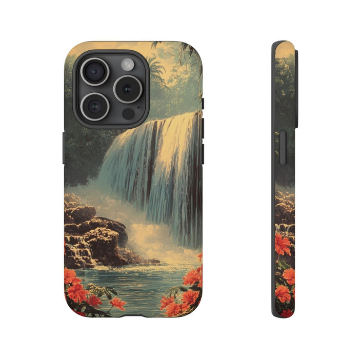 Tropische Waterval met Rode Bloemen